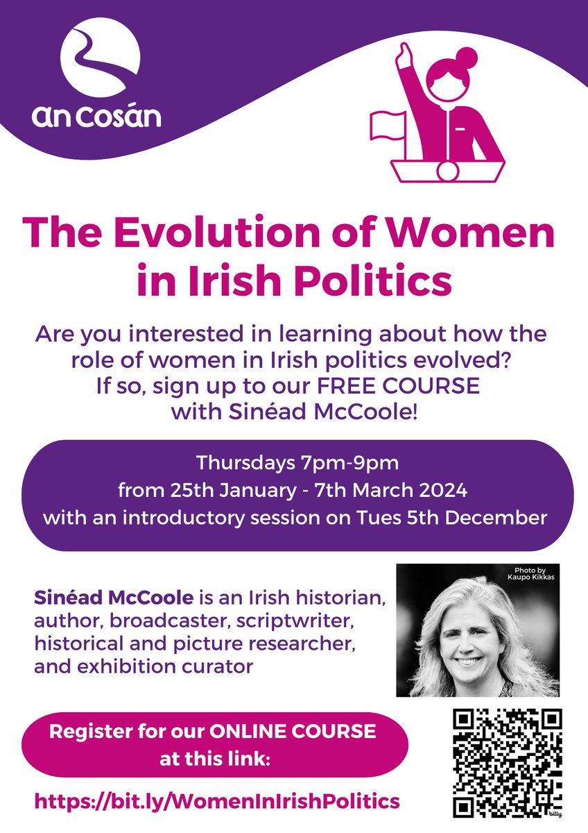 Are you interested in #WomenInIrishPolitics past & present? If so, you won't want to miss our course with @sinead_mccoole starting 5th December! For further info & to register your interest, follow this link >> bit.ly/WomenInIrishPo… #WomenInPolitics #LifelongLearning