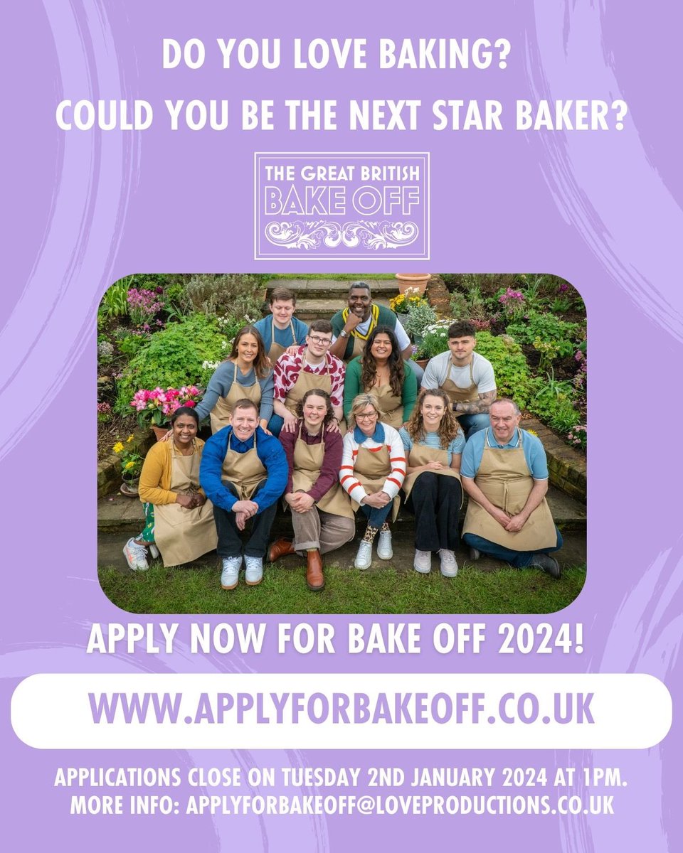 BAKEY PALS!
The lovely folk at <a href="/LoveProductions/">Love Productions</a> have asked us to let you know that they are accepting applications for the next series of <a href="/BritishBakeOff/">British Bake Off</a> 
So if you’ve been thinking about it, this is your sign!
X