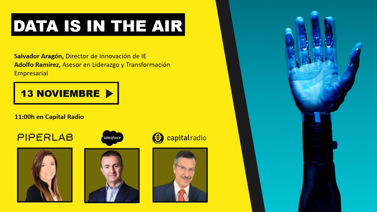 PiperLab (@piperlab_es) on Twitter photo 🎙️ El lunes 13 de noviembre emitimos un programa especial de "Data is in the Air" donde nuestros invitados Adolfo Ramírez y Salvador Aragón (<a href="/IEbusiness/">iebusiness</a>), ambos expertos en innovación, hablarán de cómo acercar la IA a todo el mundo y qué papel tiene la ética en este campo 🤖 🎙️ El lunes 13 de noviembre emitimos un programa especial de "Data is in the Air" donde nuestros invitados Adolfo Ramírez y Salvador Aragón (<a href="/IEbusiness/">iebusiness</a>), ambos expertos en innovación, hablarán de cómo acercar la IA a todo el mundo y qué papel tiene la ética en este campo 🤖
