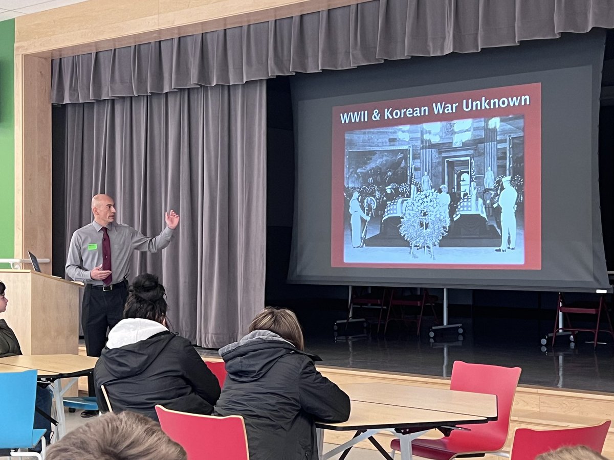 Thank you Veterans! 8th grade heard from Veteran Mark Holmquist yesterday, former  guard of the Tomb of the Unknown Soldier, and Veteran Roger Felix who shared the history of our Veterans cemetery. District employees were honored in a brief presentation.
