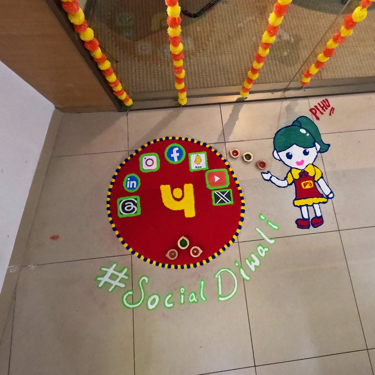 pnbindia's tweet photo. Follow your heart and our social media platforms, shake hands with companion PIHU, give a hug to handy PNB One and enjoy the convenience of Digital Banking products &amp; services. Happy Diwali from PNB Parivar.

#SparklingDiwaliWithPNB #Rangoli #PNBOne #PIHU #Digital #Banking https://t.co/sWfCuAfvdN