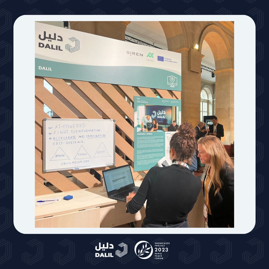 Embrace the truth at #ParisPeaceForum2023 with Dalil! With our #AI-powered platform, we accelerate and democratize #factchecking, helping you find your way through information disorder🤝🏻Make sure to pass by our booth! #DalilPPF #SolutionsForPeace