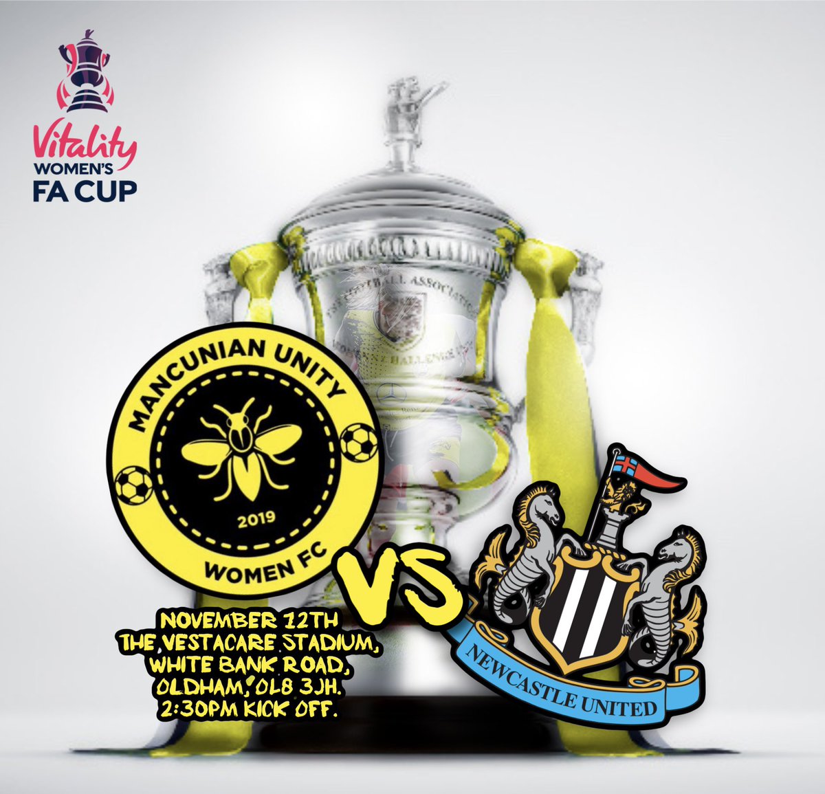 Kitkingdom83's tweet photo. We’ll be at this HUGE fixture as @MancunianUnity take on @NUFCWomen in the @FACupWomens

🐝 vs Magpies!

We’ve got 3 adult &amp; 3 children’s tickets to giveaway 🎫 #getinvolved

To win, just 𝗥𝗘𝗣𝗢𝗦𝗧 this &amp; 𝗙𝗢𝗟𝗟𝗢𝗪 the teams to show your support!

Winner announced Sat 8pm. https://t.co/AOLxDdwMcg
