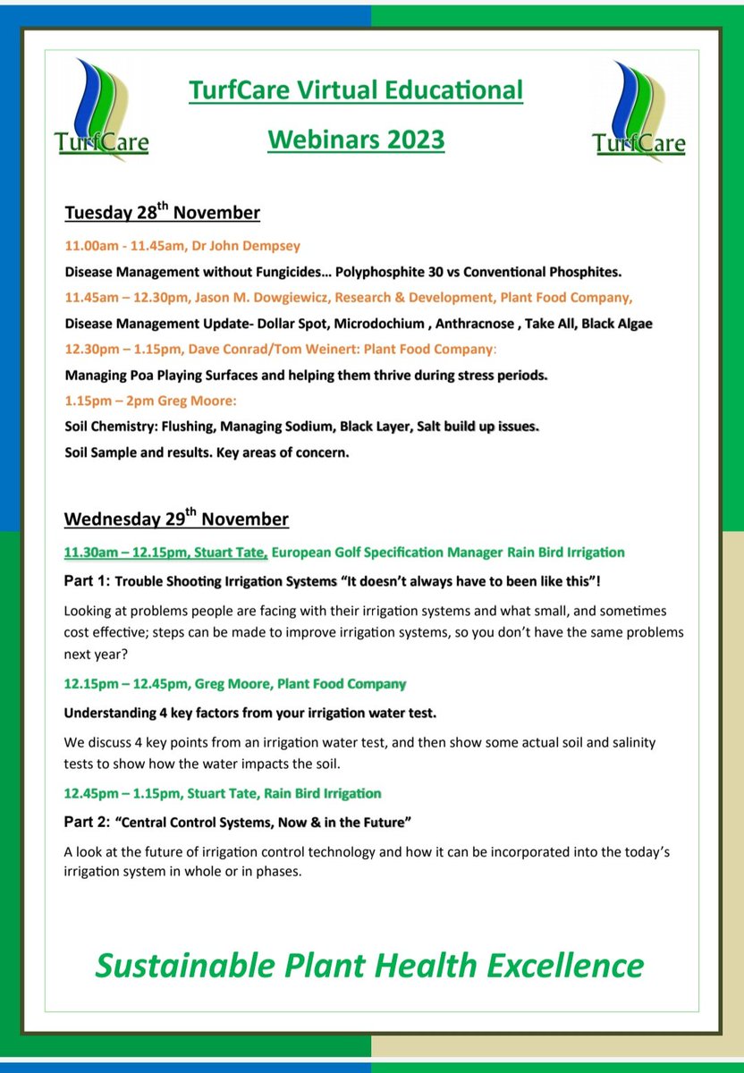 We are pleased to share this great opportunity from our Patron Member Turfcare.
<a href="/TurfCare_IRL_UK/">TurfCare</a>  are offering FREE Educational Webinars through 4 Days of Presentations from World Renowned Industry Experts. 
Register NOW below us06web.zoom.us/.../reg.../WN_…