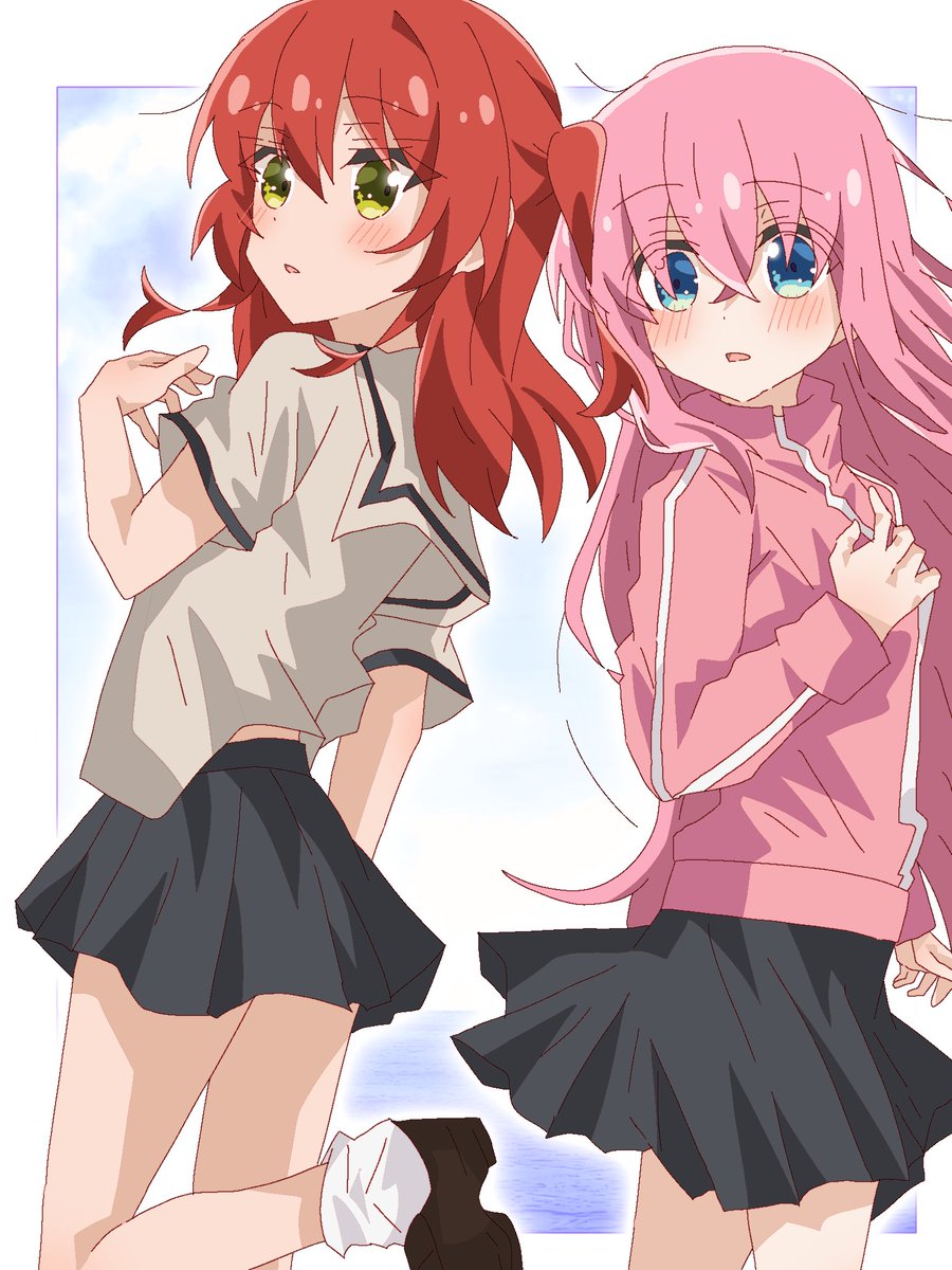 gotou hitori multiple girls 2girls pink hair school uniform skirt long hair red hair  illustration images