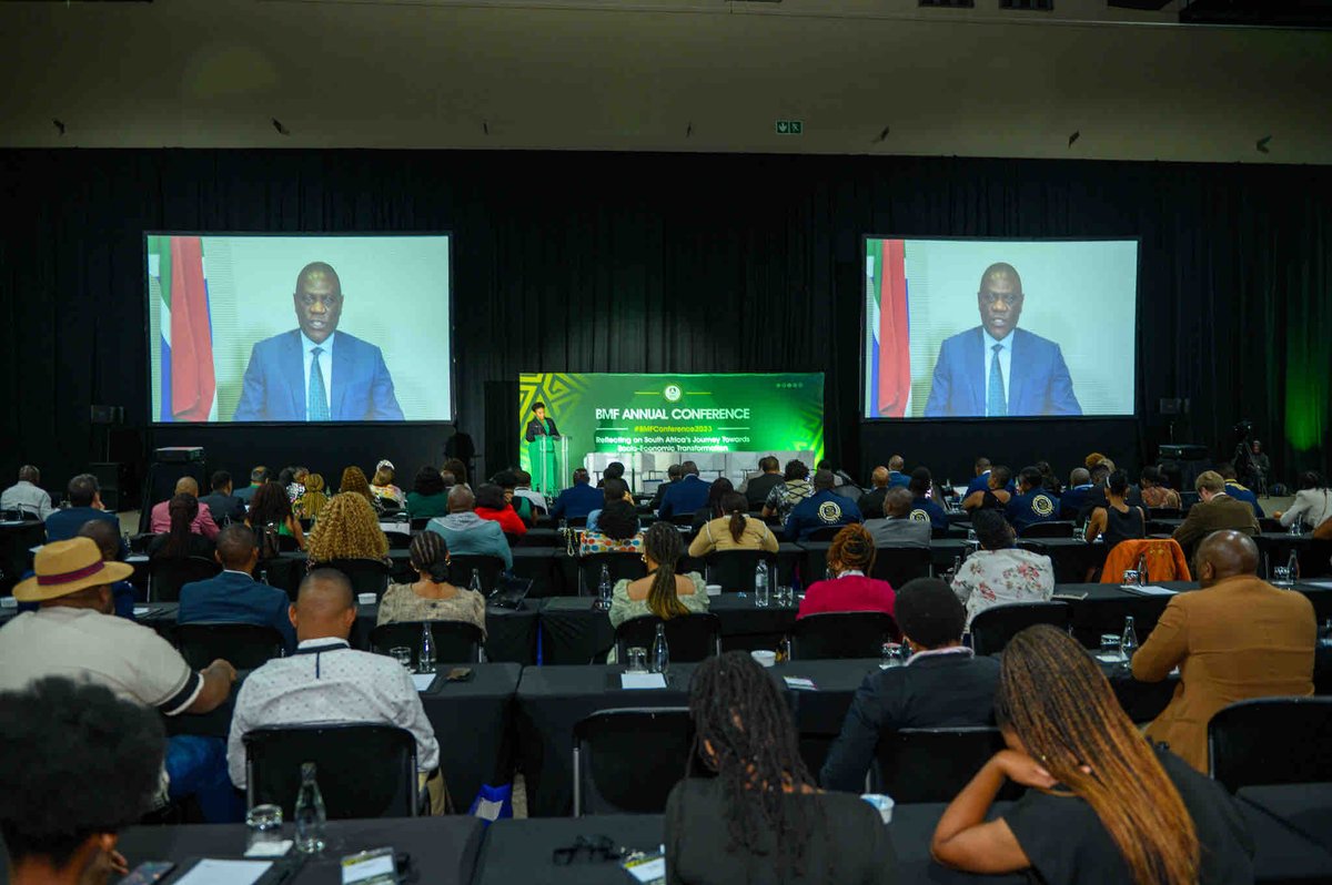 BMFNational's tweet photo. A momentous start at the BMF National Conference! A warm welcome by BMF President Dr. Sibongile Vilakazi and an inspiring virtual keynote address by Deputy President Hon. Paul Mashatile. Together, we embark on a transformative journey. https://t.co/1Lq7Vzec0u