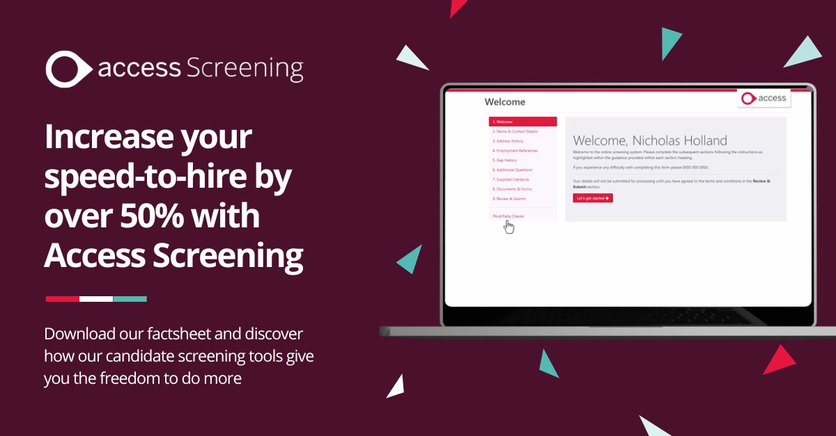 Increase your speed-to-hire by over 50% with Access Screening ⚡️

Download our Access Screening factsheet to view all the features and benefits, and how our software can help your business 👇
ow.ly/C7gu50Q6h6r

#Recruitment #Compliance #BackgroundScreening