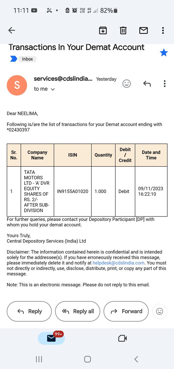 GAUTAMBHOJAK's tweet photo. @_sbisecurities please arrange to provide detail from my sbi securities demat account that why one share of tata motors dvr deducted even without selling. https://t.co/fQHI85wZWE