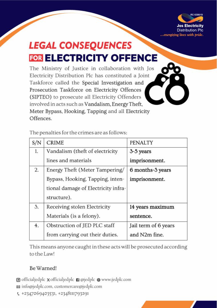 officialjedplc's tweet photo. Ensure you desist from participating in all forms of illegalities on our network.               #jedplcsipteo
#jedplccares #energyzingliveswithpride https://t.co/IpkN4IfgjR