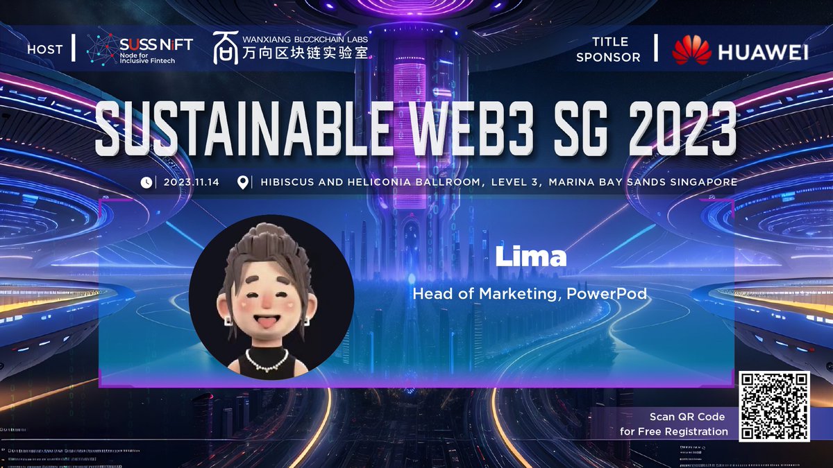 Catch Lima, Head of Marketing @PowerPod_People at #SustainableWeb3 🗓️Date: 14 Nov. 2023 📍Venue: Level 3, Marina Bay Sands 🎫Join free: suss.au1.qualtrics.com/jfe/form/SV_be… Host: Wanxiang Blockchain Labs; @suss_sg @sussblockchain Title sponsor: @HuaweiCloudAPAC