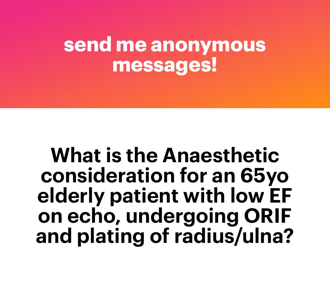 Ni mesti boss @abd_jabbar 🤭

1) elderly: fraility score
2) poor EF: preference of regional anaesthesia/ titrate induction drug/ invasive monitoring artline
3) comorbidities with organ impairment - for choice of drug eg non organ dependent metabolism
4) polypharmacy/drug…