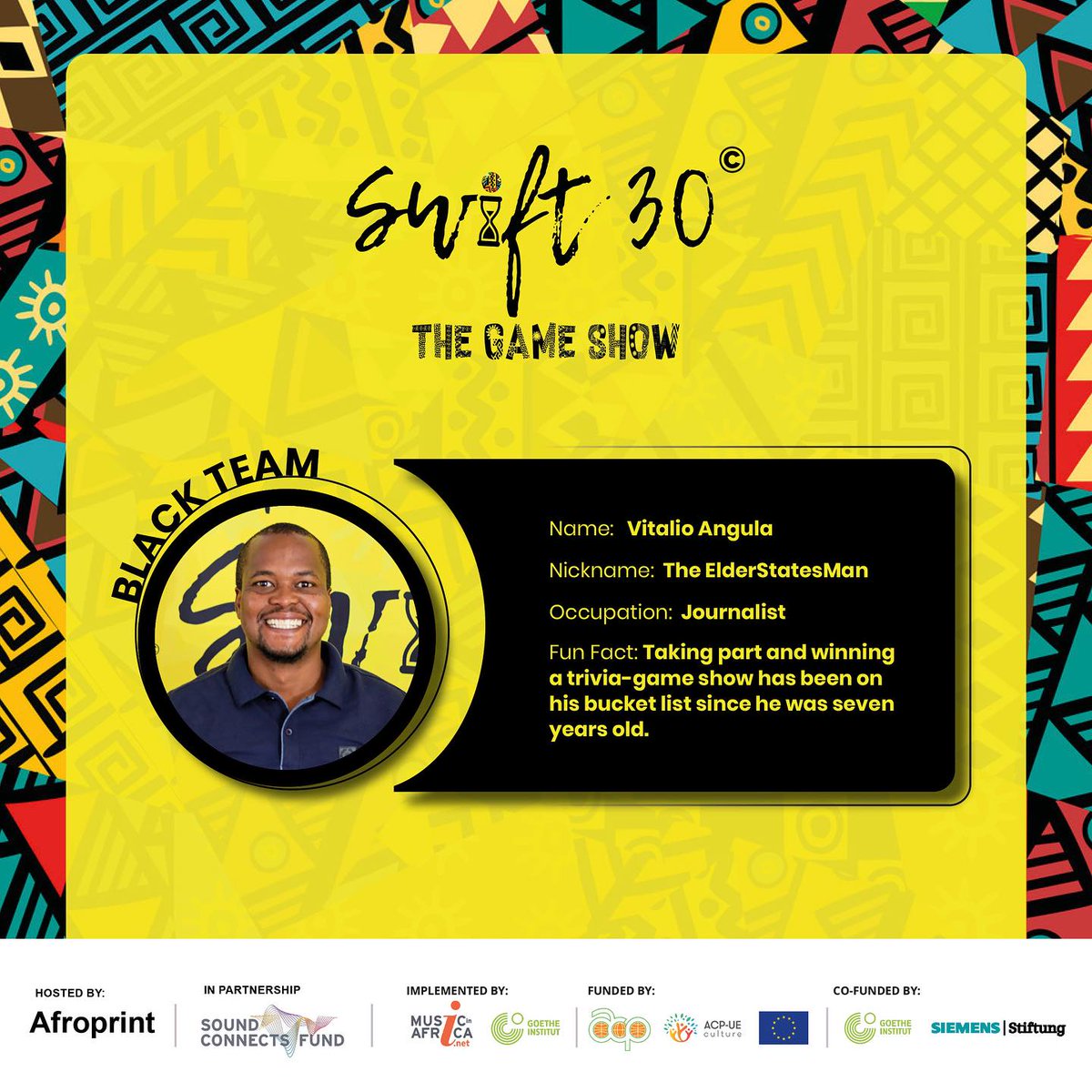 Swift30GameShow's tweet photo. Are you ready to watch Episode 2 this Friday? 📷
Here are some fun facts about the boys from Team Black!
If you haven't yet, subscribe to our YouTube Channel today.
#RollADice #Swift30 #Afroprint #soundconnectsfund #soundconnectsus #MIAF #GoetheInstitut #ACPEUcultureprogramme #EU https://t.co/UiY4uvUEkV