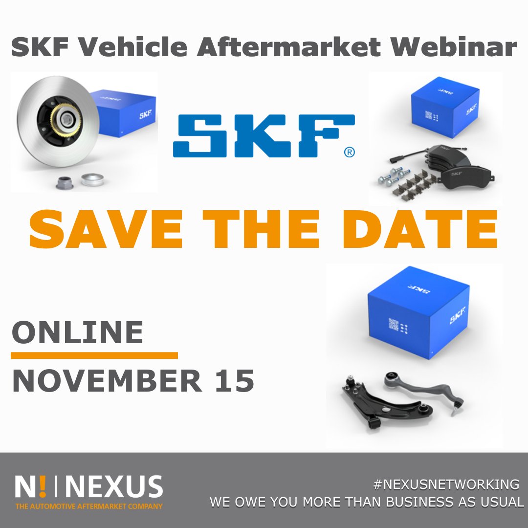 NexusAutomotiv's tweet image. #NexusNetworking - SKF &amp;amp; NEXUS are delighted to invite the N! Members for a dedicated webinar on November 15th!

This webinar will focus on the SKF #Steering, #Suspension &amp;amp; #Braking system products. 

#SKF #NexusAutomotive #AutomotiveAftermarket