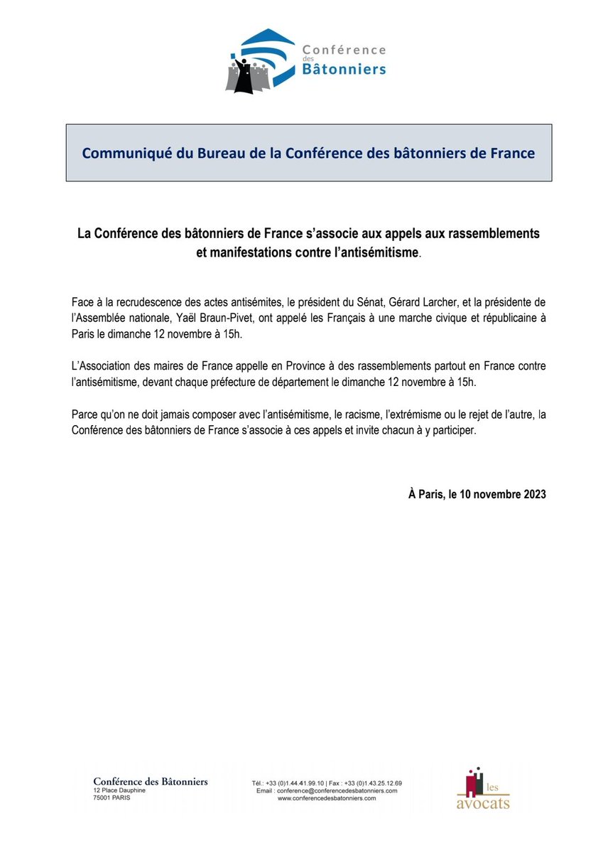 ConférenceBâtonniers (@conf_batonniers) on Twitter photo La <a href="/Conf_Batonniers/">ConférenceBâtonniers</a> s’associe aux appels aux rassemblements et manifestations contre l’antisémitisme prévus ce dimanche 12 novembre à Paris, à l'appel du président du <a href="/Senat/">Sénat</a> et de la présidente de <a href="/AssembleeNat/">Assemblée nationale</a>, et en Province à l'appel de <a href="/l_amf/">AMF | Association des maires de France</a> et invite chacun à y participer. La <a href="/Conf_Batonniers/">ConférenceBâtonniers</a> s’associe aux appels aux rassemblements et manifestations contre l’antisémitisme prévus ce dimanche 12 novembre à Paris, à l'appel du président du <a href="/Senat/">Sénat</a> et de la présidente de <a href="/AssembleeNat/">Assemblée nationale</a>, et en Province à l'appel de <a href="/l_amf/">AMF | Association des maires de France</a> et invite chacun à y participer.