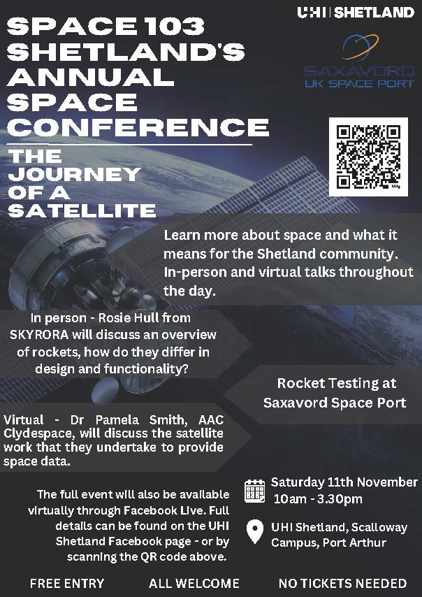 Tomorrow is Space 103 day, run by @uhishetland and supported by @SaxaVord_Space - it's free to attend, in person at the UHI Scalloway campus or via their Facebook page. Find some time to go if you can - you'll learn loads. See more on our Facebook page, or UHI's. #readyforlaunch