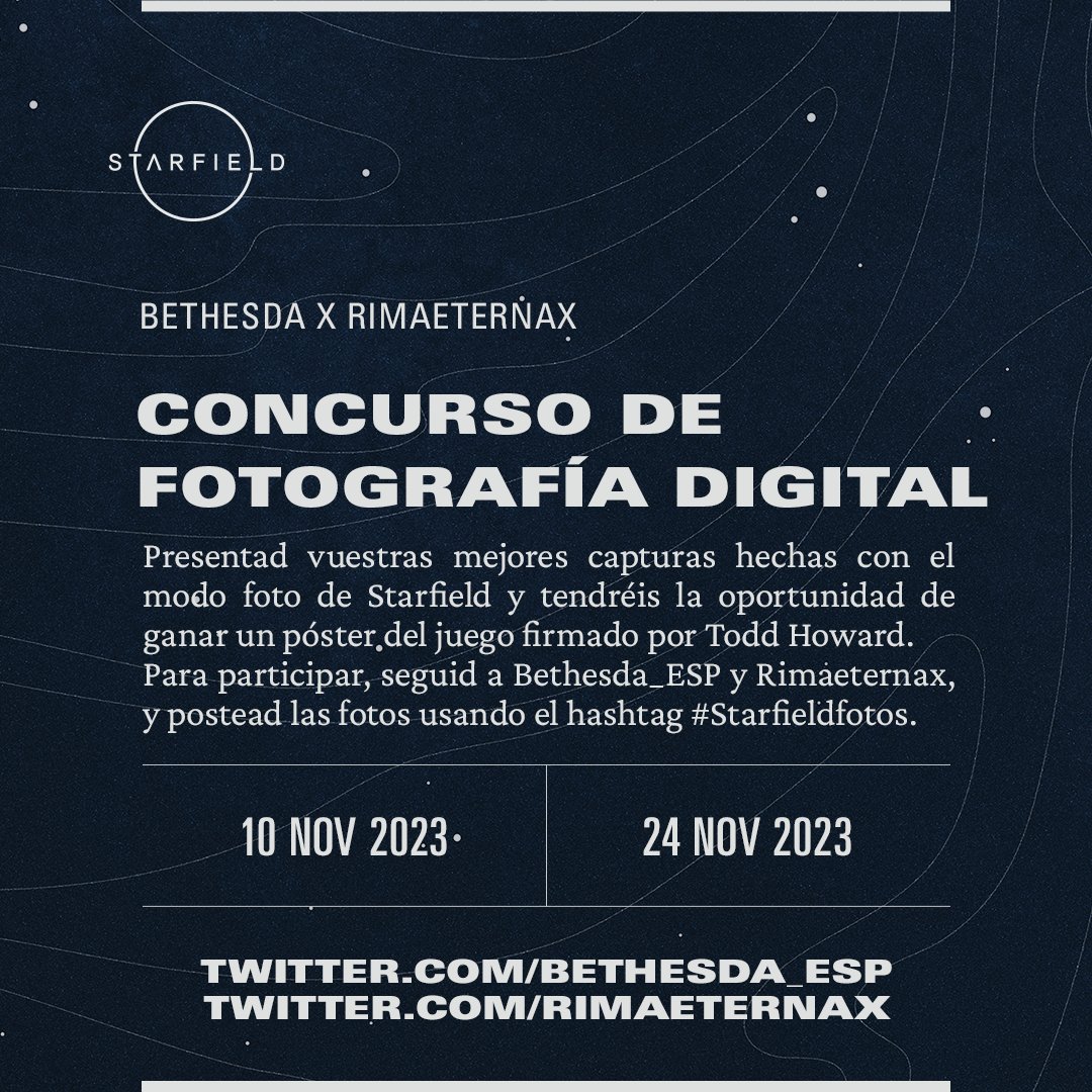 📸CONCURSO DE MODO FOTO #STARFIELD  con <a href="/bethesda_ESP/">Bethesda Español</a>📸

¡Subid vuestra mejor captura de Starfield usando el hashtag #Starfieldfotos y tendréis la oportunidad de ganar un póster del juego, firmado por Todd Howard!  

En la imagen tenéis los requisitos para participar 👇🏻