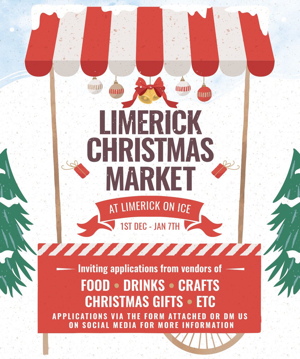 🚨CALLING ALL VENDORS🚨 We will be hosting the Christmas Market this winter at Limerick On Ice. We are looking for vendors to add to our already growing list of local businesses. Food Trucks,Drinks,Crafts, anything and everything! DM for info. Would appreciate all RT’s👍🏻