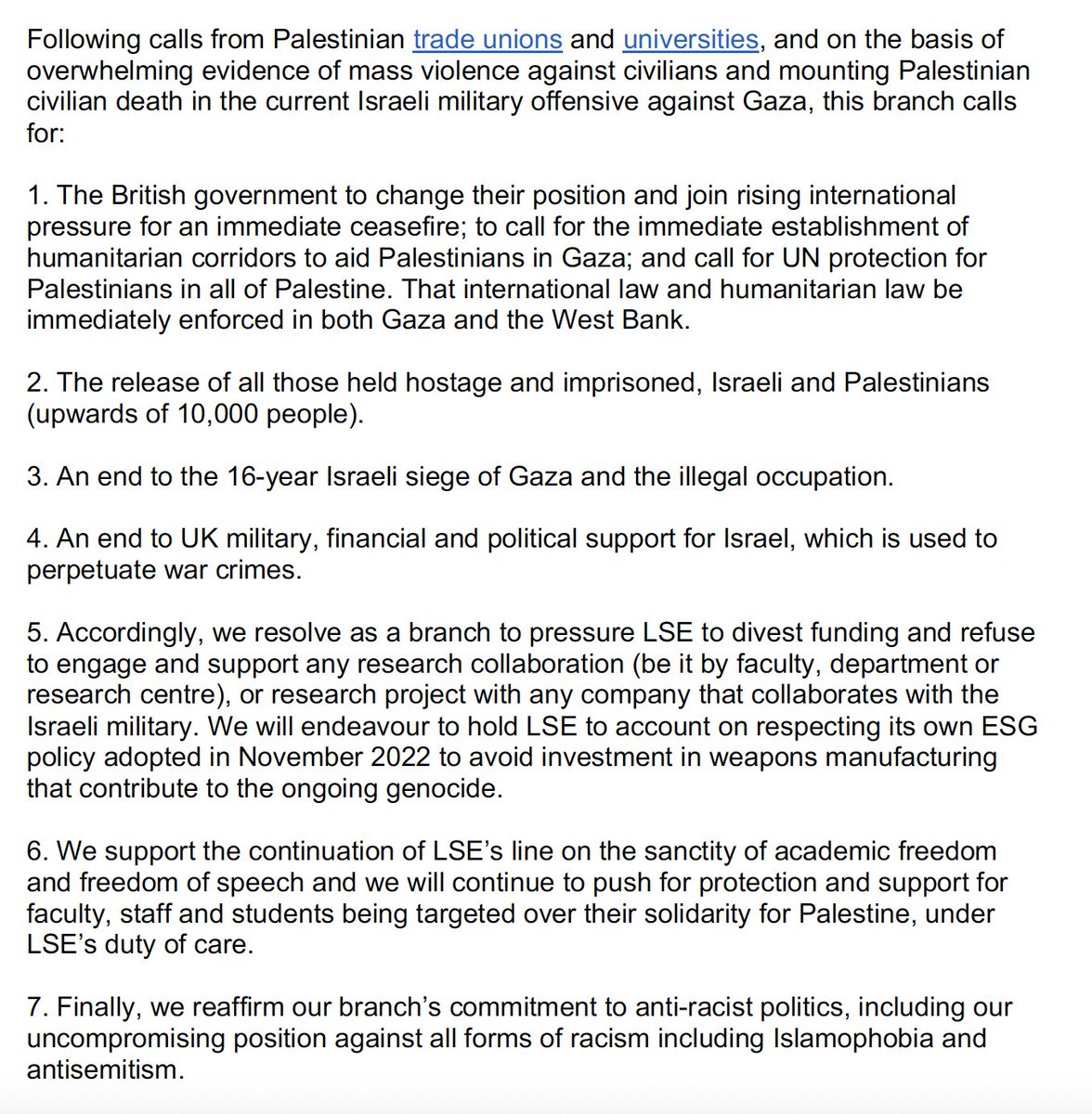 At an Extraordinary General Meeting this week @LSE_UCU branch members have passed the motion 'Solidarity with Palestine and Academic Freedom'.