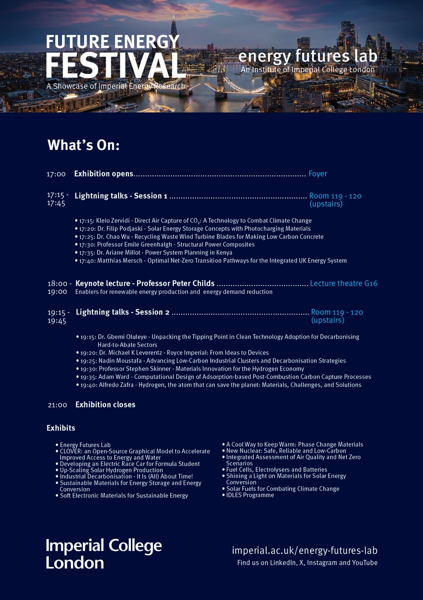 Energy Futures Lab (@energyfuturesic) on Twitter photo The Future Energy Festival is just days away!
Join us at <a href="/imperialcollege/">Imperial College London</a> on 16th November for:
✅ #EnergyResearch exhibits and talks
✅ A keynote on #Renewables and #EnergyDemand
✅ A celebration of 15 years of our MSc
✅ Music by <a href="/ICStrings/">IC String Ensemble</a> & more!
🎟️ eventbrite.co.uk/e/future-energ… The Future Energy Festival is just days away!
Join us at <a href="/imperialcollege/">Imperial College London</a> on 16th November for:
✅ #EnergyResearch exhibits and talks
✅ A keynote on #Renewables and #EnergyDemand
✅ A celebration of 15 years of our MSc
✅ Music by <a href="/ICStrings/">IC String Ensemble</a> & more!
🎟️ eventbrite.co.uk/e/future-energ…