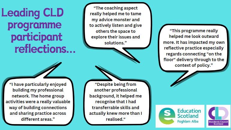 edscotcld's tweet photo. ๐ Applications are now live for our 2024 cohort of Leading CLD, our leadership programme for local authority CLD leaders. Read what past participants have said & apply here๐https://t.co/4yX7AMryIt #BecauseOfCLD @cldstandards @EdScotPLL @EducationScot https://t.co/l2zr7ibAou