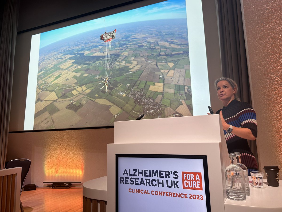 Fantastic keynote speech from @cathmummery about the hopes and ambitions in finding & delivering new treatments for dementia. (Pic of Cath jumping out of a plane… showing her superhero status in pioneering work in this space!) #arukclinicalconference