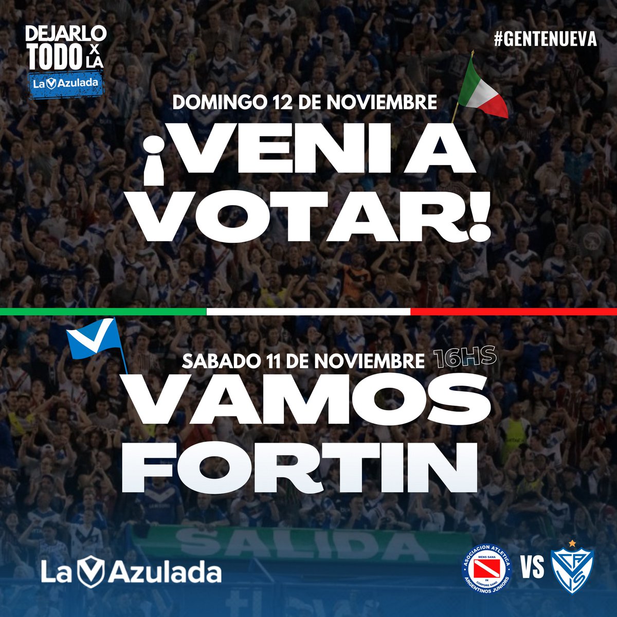 #UnFindeHistorico 

SÁBADO 
Apoya al fortín, donde quieras que estes!

Vélez vs Argentinos Jrs / 16hs #VamosVelez

DOMINGO #VeniAVotar
Desde las 8 a 20hs en el Polideportivo 

#GenteNueva #LaVAzulada
