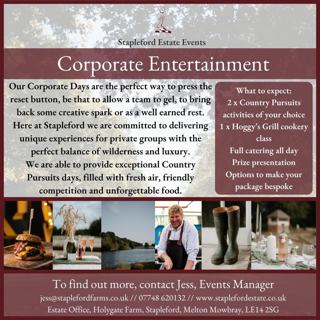 We're delighted to be launching our Corporate Days ready for Spring 2024 🗓️ 

🌳 They will be jammed packed with county pursuits, stunning scenery and, thanks to the team at Hoggy’s Grill, incredible food 🍔 

Get in touch to find out more! 📩

<a href="/Hoggy602/">Matthew hoggard</a> 
<a href="/HoggysG/">Hoggy's Grill</a>