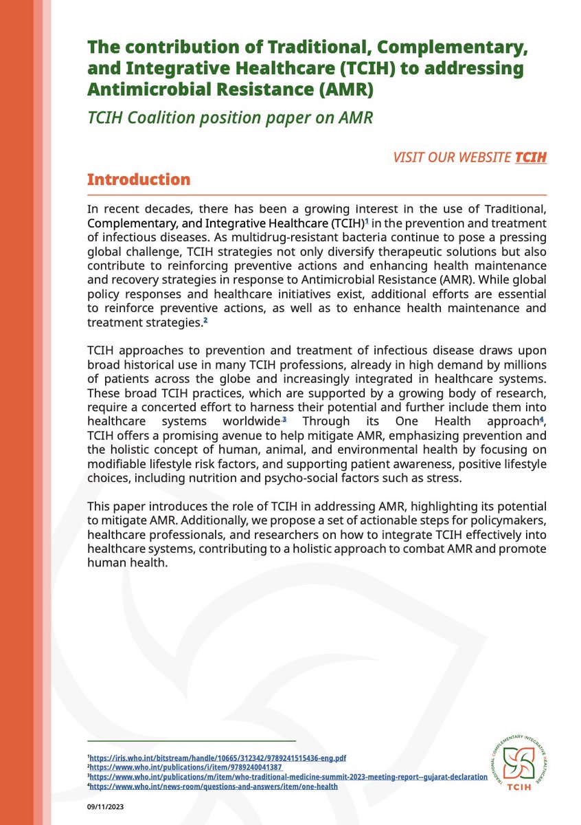 📢 The TCIH Coalition announces the release of its #positionpaper "The Contribution of Traditional, Complementary, and Integrative Healthcare (#TCIH) to Addressing Antimicrobial Resistance (#AMR)".

🖇️Visit our website for more information: tcih.org/2023/11/10/tci…

#WAAW