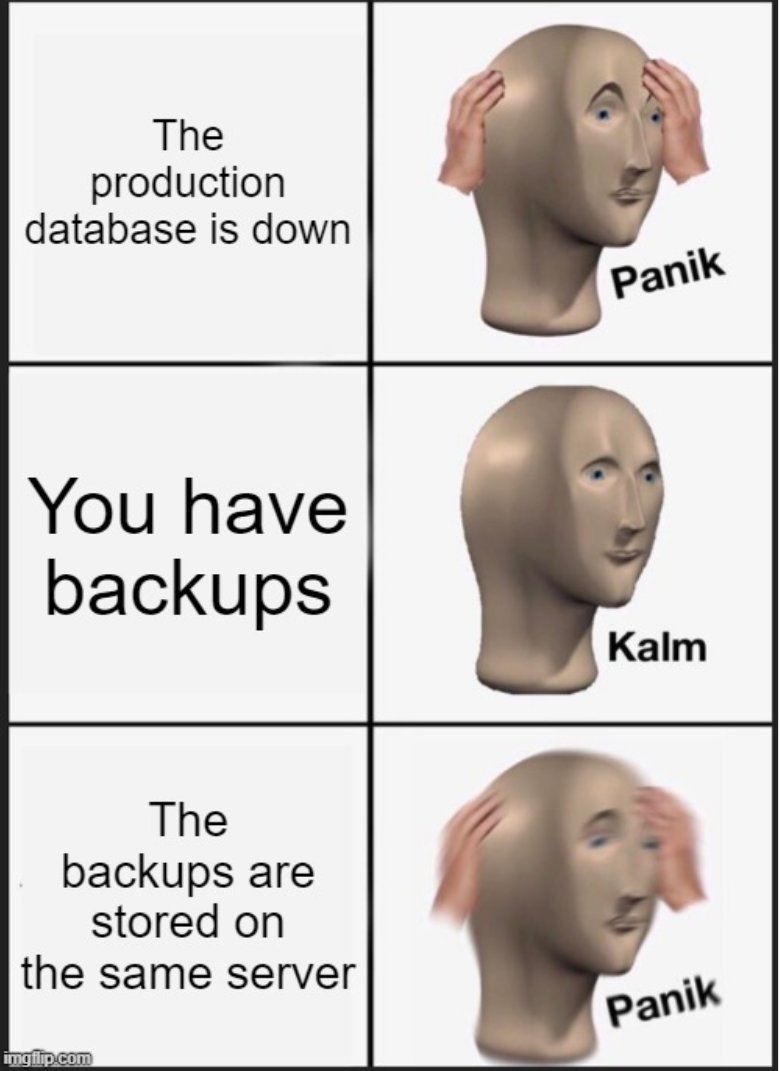 DBPLUS_BP's tweet image. Just a reminder to always keep your backups on different servers
#TechHumor #DatabaseDisasters #BackupPlan #Database