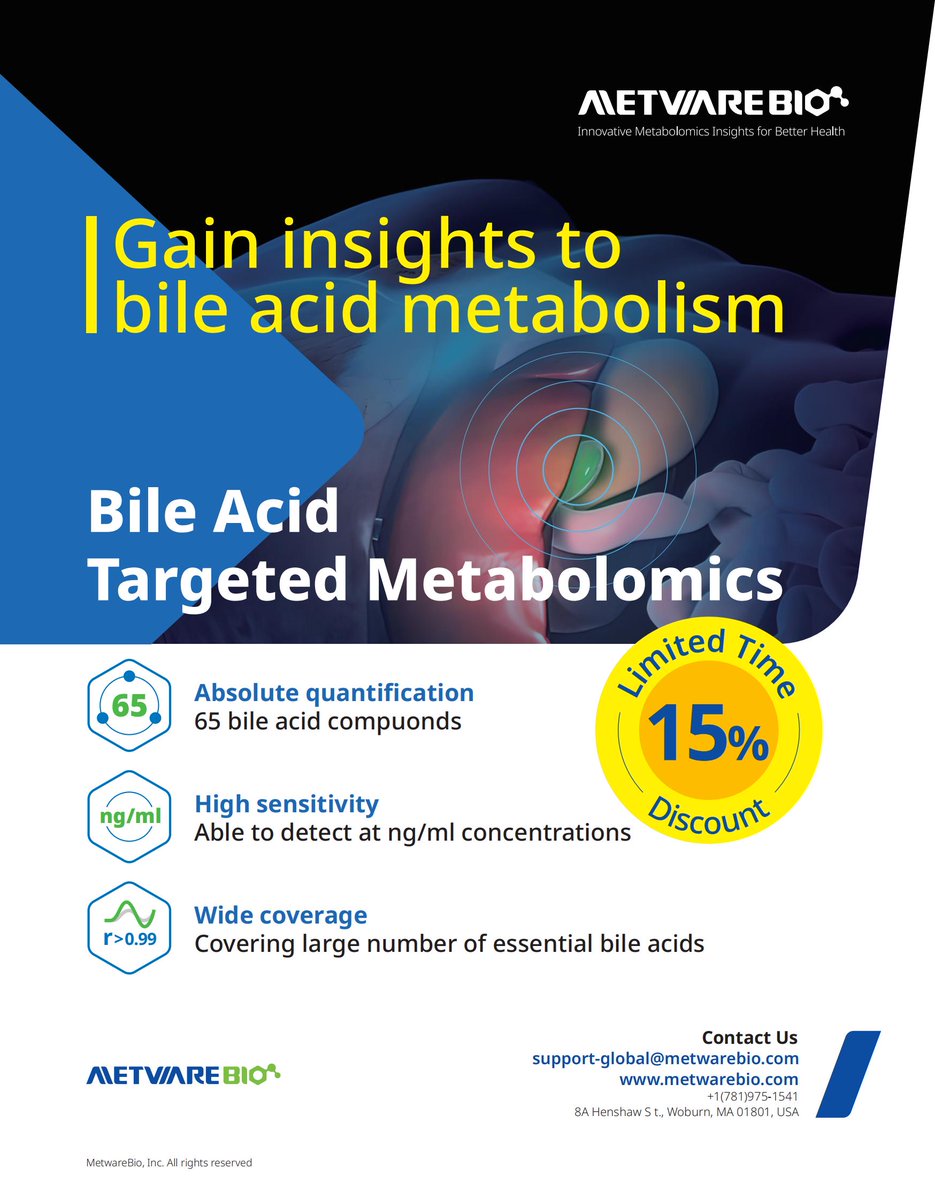 Skylar_omics's tweet image. Gain insights into bile acid metabolism for your research! For a limited time, we're offering an exclusive 15% discount on Bile Acid Targeted Assay. Reach out now: metwarebio.com/contact.html

#metabolomics #bileacids #liverdisease #diabetes #obesity #research #lipidomics
