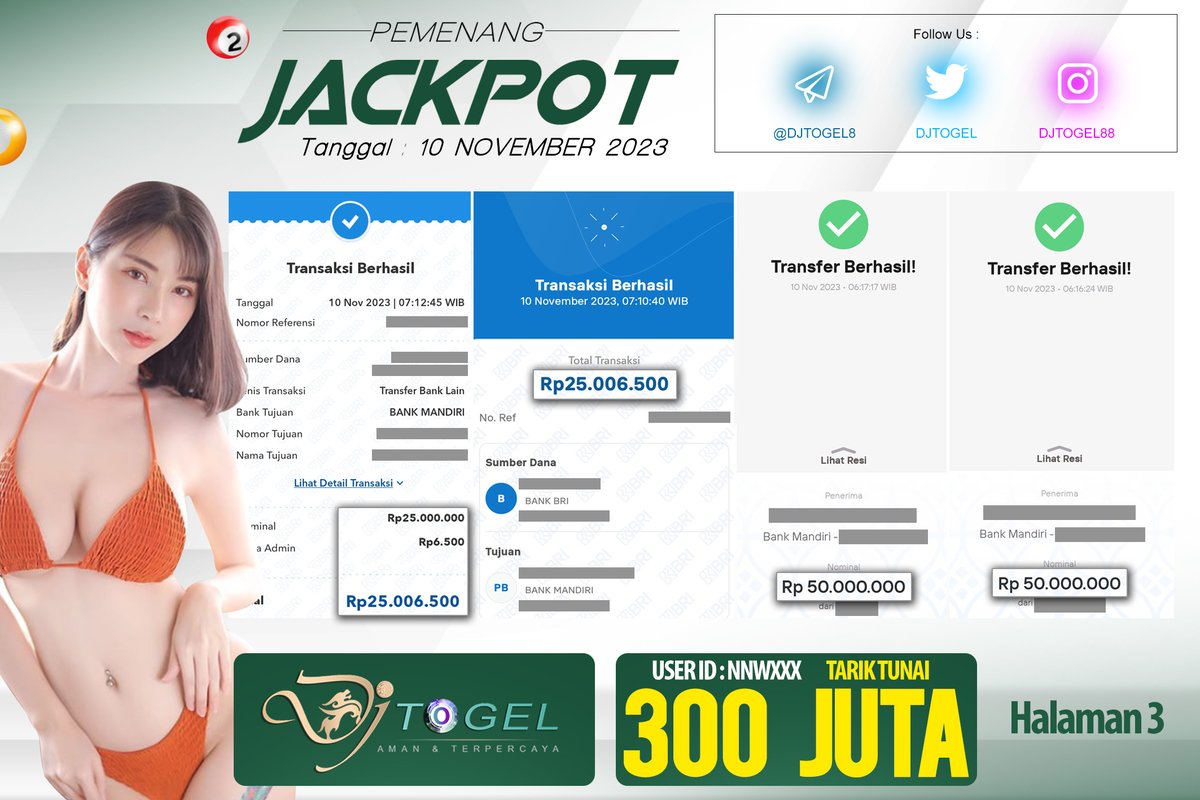 DjTogel's tweet photo. JACKPOT DJ !!!  
Selamat Teruntuk User Id : NNWxxx Telah Memenangkan Hadiah Jackpot Sebesar 300 Juta Pada Permainan SPACEMAN Tanggal 10 November 2023    

Segera Ikuti kami untuk mendapatkan informasi menarik lebih lanjut! https://t.co/SiHwZoNVJa