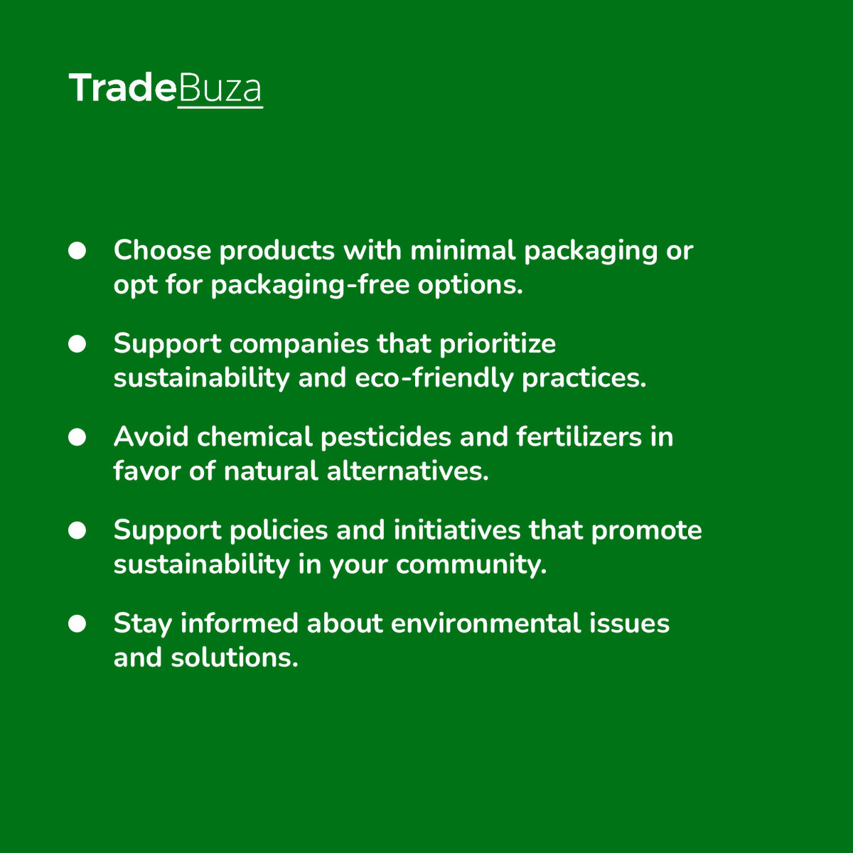 TradeBuza's tweet photo. Can you practice and advocate for sustainability?

The answer is YES! and in several ways.

Swipe left for some ideas.

#sustainability #agriculture #foodforall #saveearth #savetheplanet #agritech https://t.co/NdiY2vV0NR