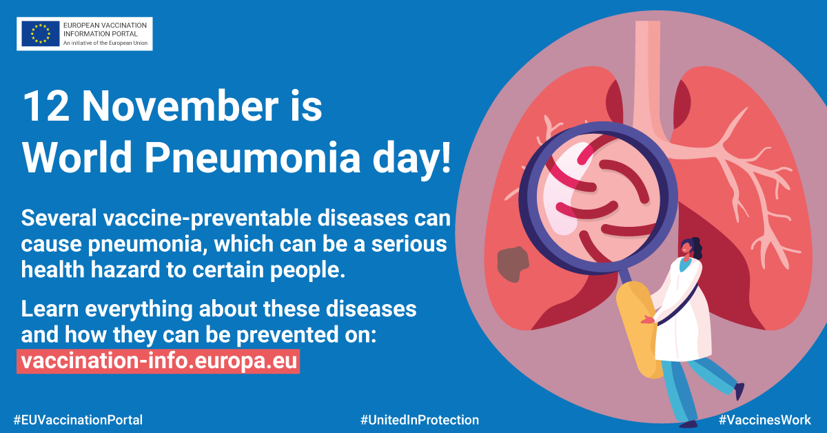 Today is World Pneumonia day! Several vaccine-preventable diseases, such as COVID-19, the flu and measles can cause pneumonia. 👉Learn how vaccines protect you from serious illness at the #EUVaccinationPortal: vaccination-info.europa.eu #vaccineswork #UnitedInProtection