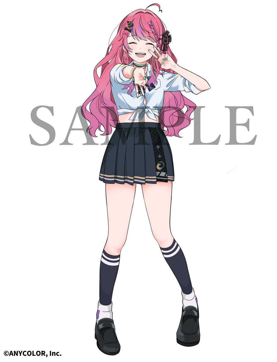 1girl skirt solo v pink hair closed eyes socks  illustration images