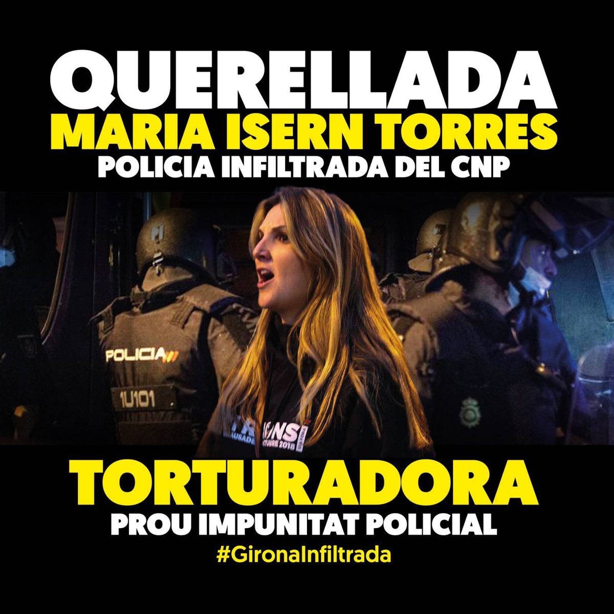 DrInfiltrat's tweet photo. Contra l'espionatge d'Estat querella col·lectiva i lluita social. 🕵️ ❌ #GironaInfiltrada
🔊 Desemmascarem els seus botxins i fem sortir les 🐀 dels claveguerams de l'Estat opressor. 
🕵️👮‍♀️ Maria Isern Torres, Torturadora! #ProuImpunitat https://t.co/RCipp7g3nP