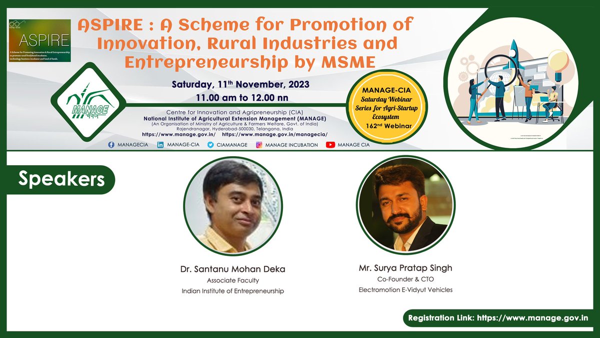 Join us for an insightful discussion on 'ASPIRE: A Scheme for Promotion of #Innovation, Rural Industries and #Entrepreneurship by MSME'' hosted by MANAGE-CIA on Saturday, November 12th, 2023, at 11 AM IST. Link to Join: manageindia.webex.com/manageindia/j.… #ASPIREScheme #RuralEntrepreneurship