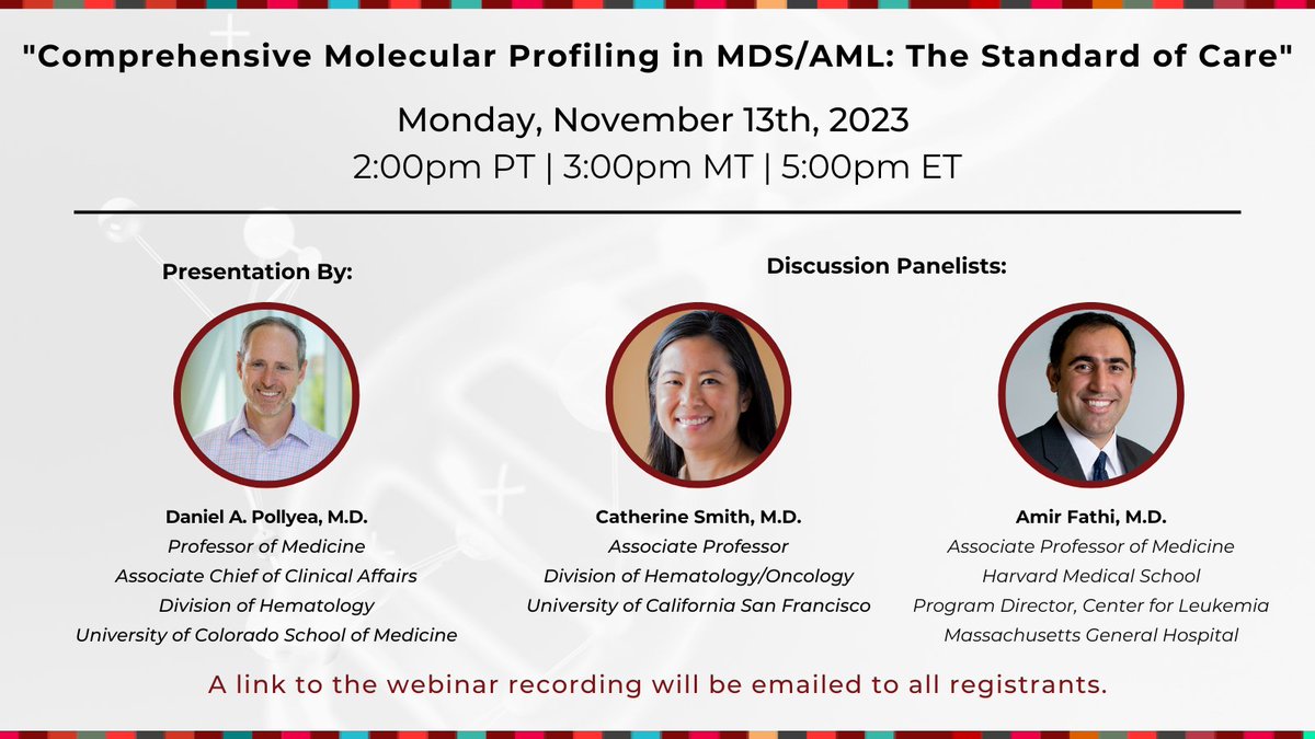 RUNX1 Research Program (@runx1research) on Twitter photo This Monday is our #MedEd webinar to discuss the impact of molecular profiling in #MDS & #AML patient outcomes. Dr. <a href="/DanPollyea/">Daniel Pollyea</a> of <a href="/CUHematology/">CU Anschutz Division of Hematology</a> presents & joins a Q&A with Dr. <a href="/SmithLabSF/">Catherine Smith, MD</a> from <a href="/ucsf/">UC San Francisco</a> & Dr. Amir Fathi from <a href="/MGHCancerCenter/">Mass General Cancer Center</a>. Register now:
ow.ly/sVZP50Q5Je4 This Monday is our #MedEd webinar to discuss the impact of molecular profiling in #MDS & #AML patient outcomes. Dr. <a href="/DanPollyea/">Daniel Pollyea</a> of <a href="/CUHematology/">CU Anschutz Division of Hematology</a> presents & joins a Q&A with Dr. <a href="/SmithLabSF/">Catherine Smith, MD</a> from <a href="/ucsf/">UC San Francisco</a> & Dr. Amir Fathi from <a href="/MGHCancerCenter/">Mass General Cancer Center</a>. Register now:
ow.ly/sVZP50Q5Je4