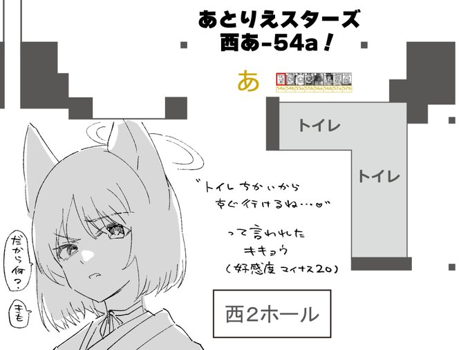 あなたのサークル「あとりえスターズ」は、コミックマーケット103で「土曜日 西地区 "あ" ブロック 54a」に配置されました!トイレがすぐそこ!トイレが近い❗トイレがすぐ後ろ!不測の事態も安心!
 https://t.co/tub3As1ctg #C103WebCatalog 