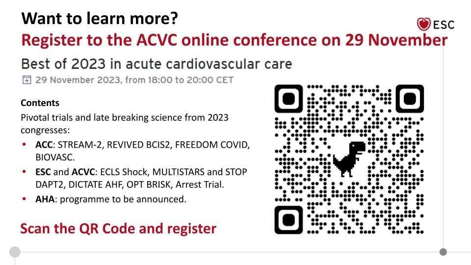 El 29/11 l'ACVC organitza el webinar gratuït 'Best of 2023 in acute cardiovascular care' on es farà una actualització focalitzada dels nous estudis presentats a les principals conferències durant l'any

Informació i registre: esc365.escardio.org/event/1351
#ACVC_ESC