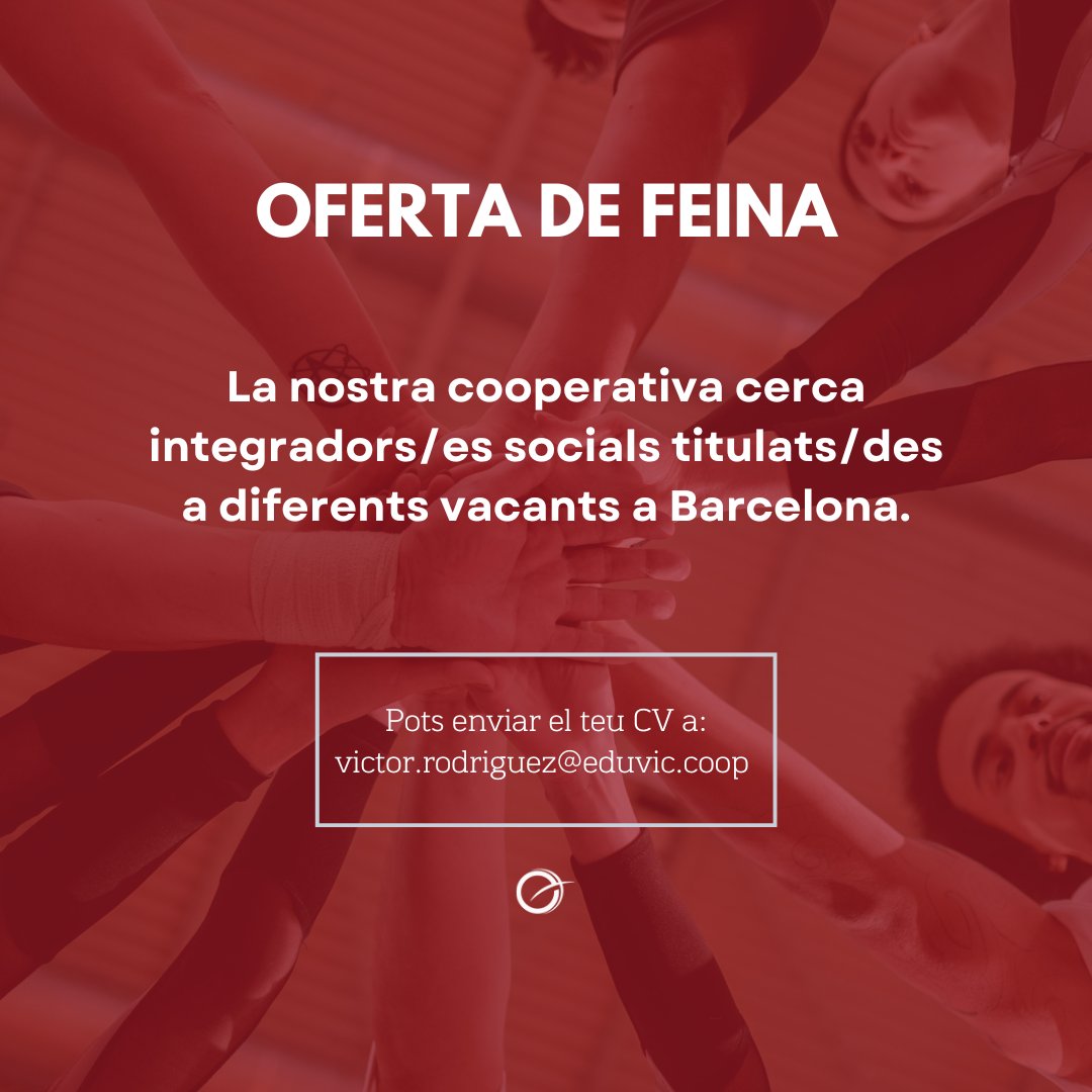 👋  Estàs interessat/da en treballar en el tercer sector? Cerquem integradors/es socials titulats/des a diferents vacants a Barcelona. Envia el teu CV a: victor.rodriguez@eduvic.coop
#ofertadefeina #ofertalaboral #cooperativa #EDUVIC #integracio #integraciosocial