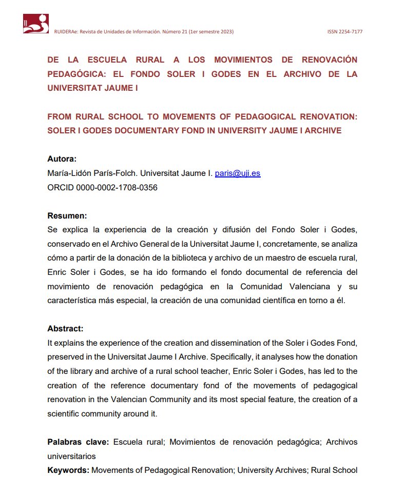 BibliotecaUJI's tweet photo. L’#ArxiuUJI ha participat en l’últim número de la revista #RUIDERAe amb un article de @LidonParis sobre el Fons Soler i Godes: De la escuela rural a los movimientos de renovación pedagógica.
Podeu llegir-lo en: 👉https://t.co/OGZuVPINMz https://t.co/eEQPjRs6nD