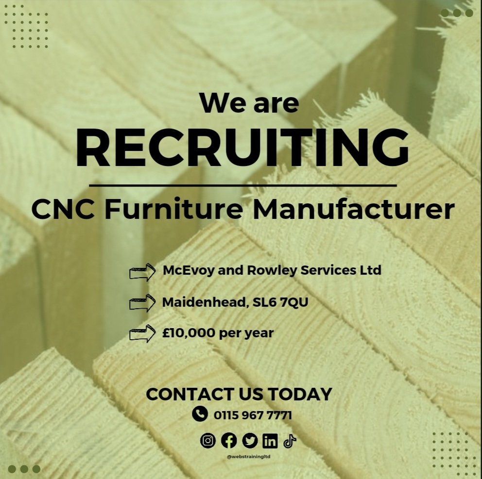 McEvoy &amp; Rowley are looking for an apprentice CNC Furniture Manufacturer. Are you interested? Contact us today!😍 

#newvacancy #apprenticefurnituremanufacturer #cncfurnituremanufacturer #mcevoyandrowleyservices #maidenhead #training #vacancies #webstrainingltd