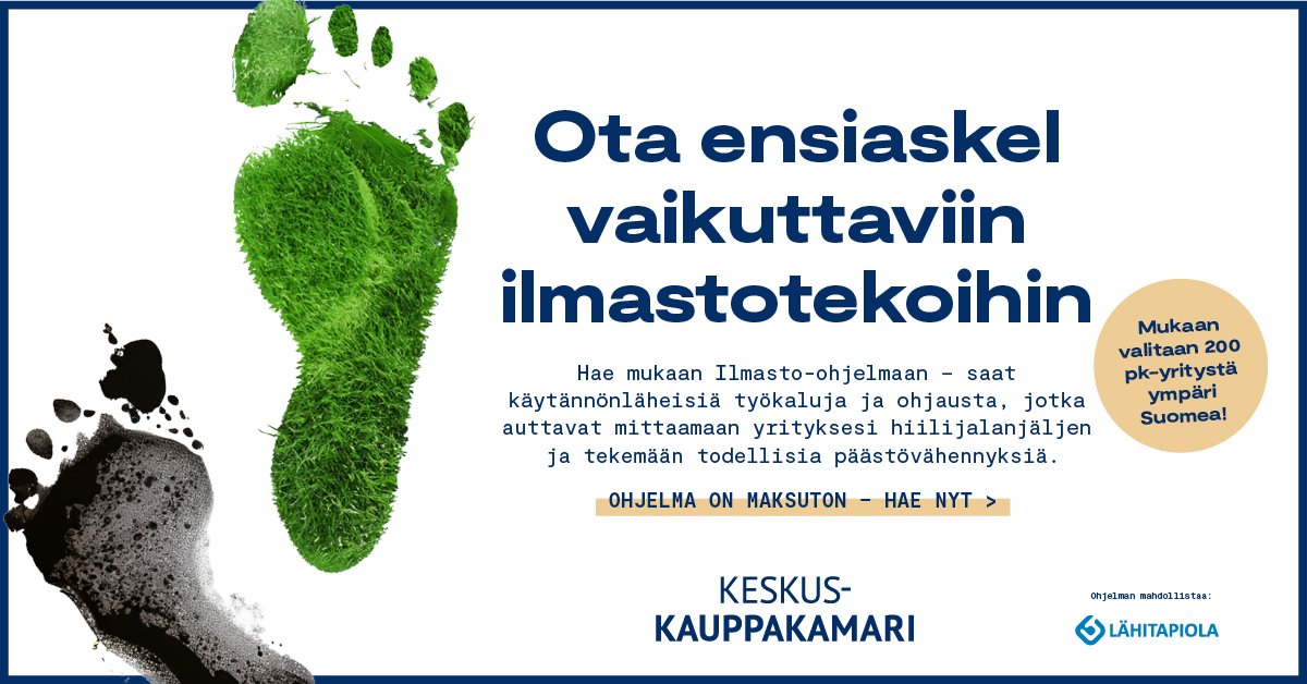 Vielä on muutamia paikkoja jäljellä! Hakuaika päättyy 30.11. Hae mukaan nyt!
Lisätiedot ja haku: kauppakamari.fi/vastuullisuus/… 

Heräsikö kysyttävää? Tule mukaan verkkotietoiskuun Ilmasto-ohjelmasta 22.11. Lisätiedot ja ilmoittautuminen: tapahtumat.kauppakamari.fi/tietoisku_ilma…