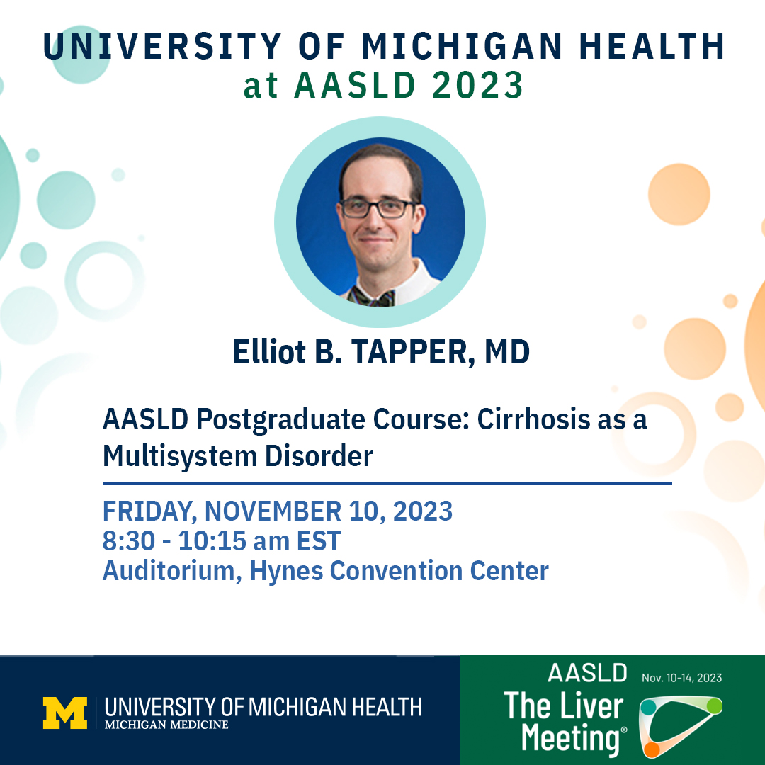 Chronic liver disease is a leading cause of death in the United States. Dr. Elliot Tapper (@ebtapper) of @MichiganLiver will provide a comprehensive update on the multisystem effects of #cirrhosis in a four-session course today at #TLM23. Make sure to join the session! 👇