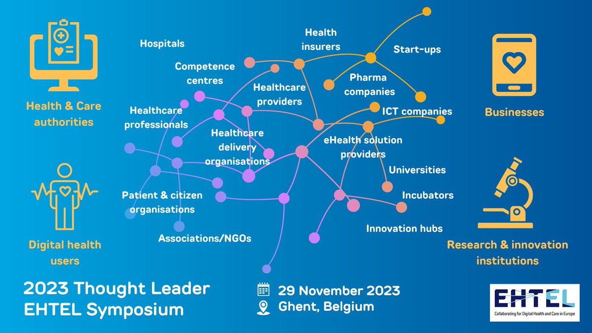 On 29 November the #EHTEL_Symposium will bring together in Ghent, #health professionals from around Europe.

🤝Come network with:

⚕️#healthcare authorities &amp; providers
💡#innovation hubs
💊#pharma organisations
🚀start-ups, and many more.

See the agenda: bit.ly/4930jSC