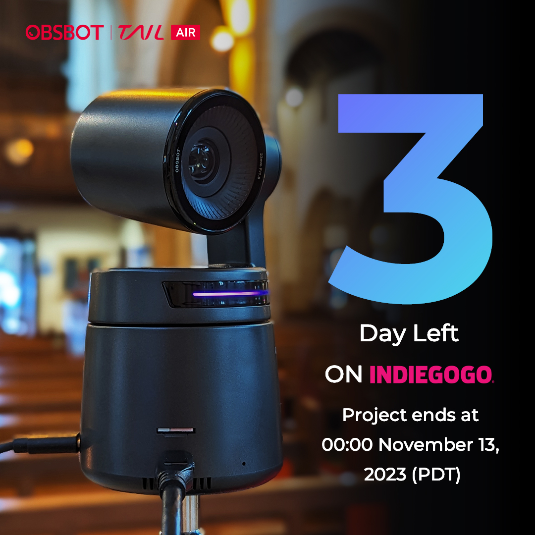 OBSBOT_Official's tweet photo. Only 3 days left to get your #OBSBOT_TailAir at a discounted price on Indiegogo! Don't miss out 👉https://t.co/j5AV7buApU
#OBSBOT #streamingcamera #streamingcam #streamcam #streamers #liveperformance #churchlive #cooklive #streamingtips #contentcreators https://t.co/7rENNEv1H2