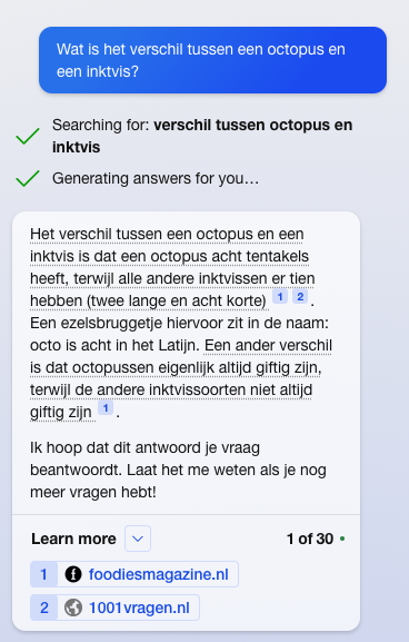 ArmandVervaeck's tweet photo. Ik zat met een klein probleem dat allicht quasi alle andere mensen weten, nml het #verschil tussen een #octopus en een #inktvis. Heb ik dan maar even aan de Microsoft Edge Chat(gpt) gevraagd. Hieronder het antwoord. https://t.co/RCJnlp04TH