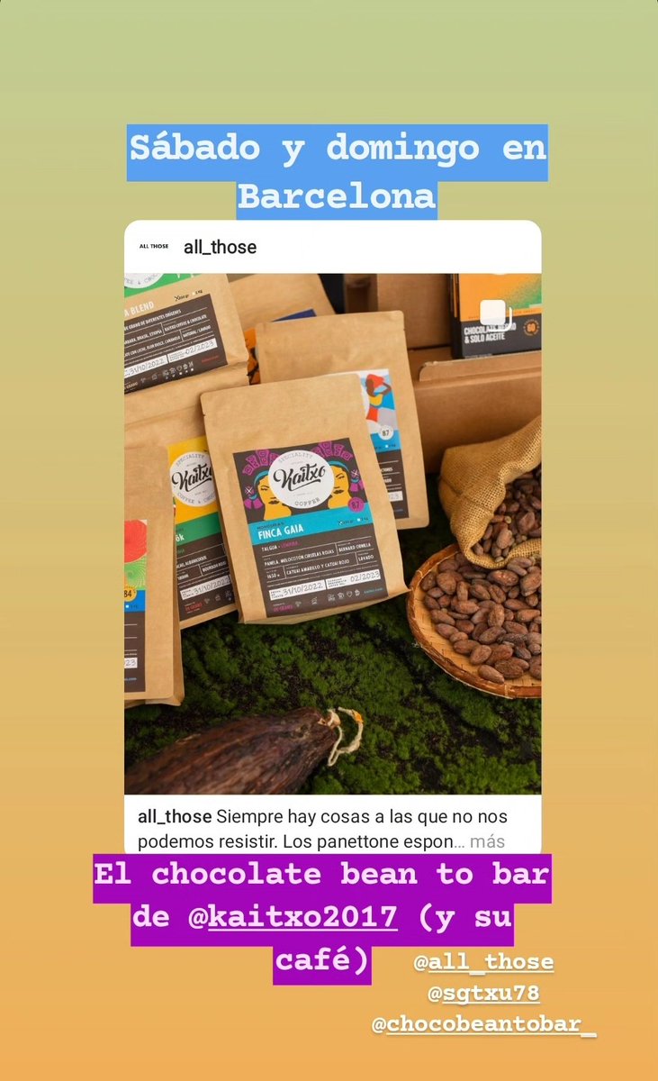 <a href="/allthoseAT/">All Those</a> Este finde en Barcelona en el <a href="/teatrenacional/">TNC</a> Chocolate bean to bar y café de especialidad de <a href="/Kaitxo2017/">Kaitxo</a> Estará Raquel González Setien, su creadora, vendiendo chocolate y café. Lamentablemente ella no imparte cata este año.
