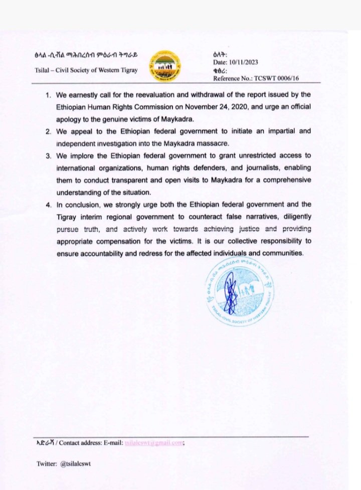 Statement from Tsilal - Civil Society of Wester Tigray on the third anniversary of the MayKadra Massacre