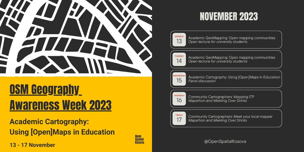 flosskosova's tweet image. OpenSpatial Kosova Celebrates OSM Geography Awareness Week 2023

🗓️ Date: 13-17 November 2023

📍 Location: Prishtina HackerSpace/University of Prishtina/ UBT/ Online

🌐 Learn, map, and connect!
#OSMGeoWeek

flossk.org/events/openspa…